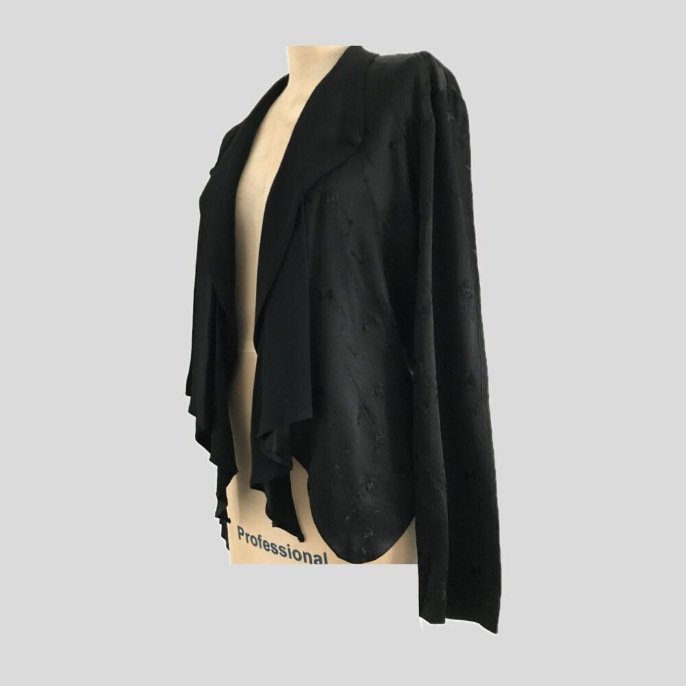 Vintage 1990s Black Satin Floral Embroidered Cutout Cropped Jacket Womens S